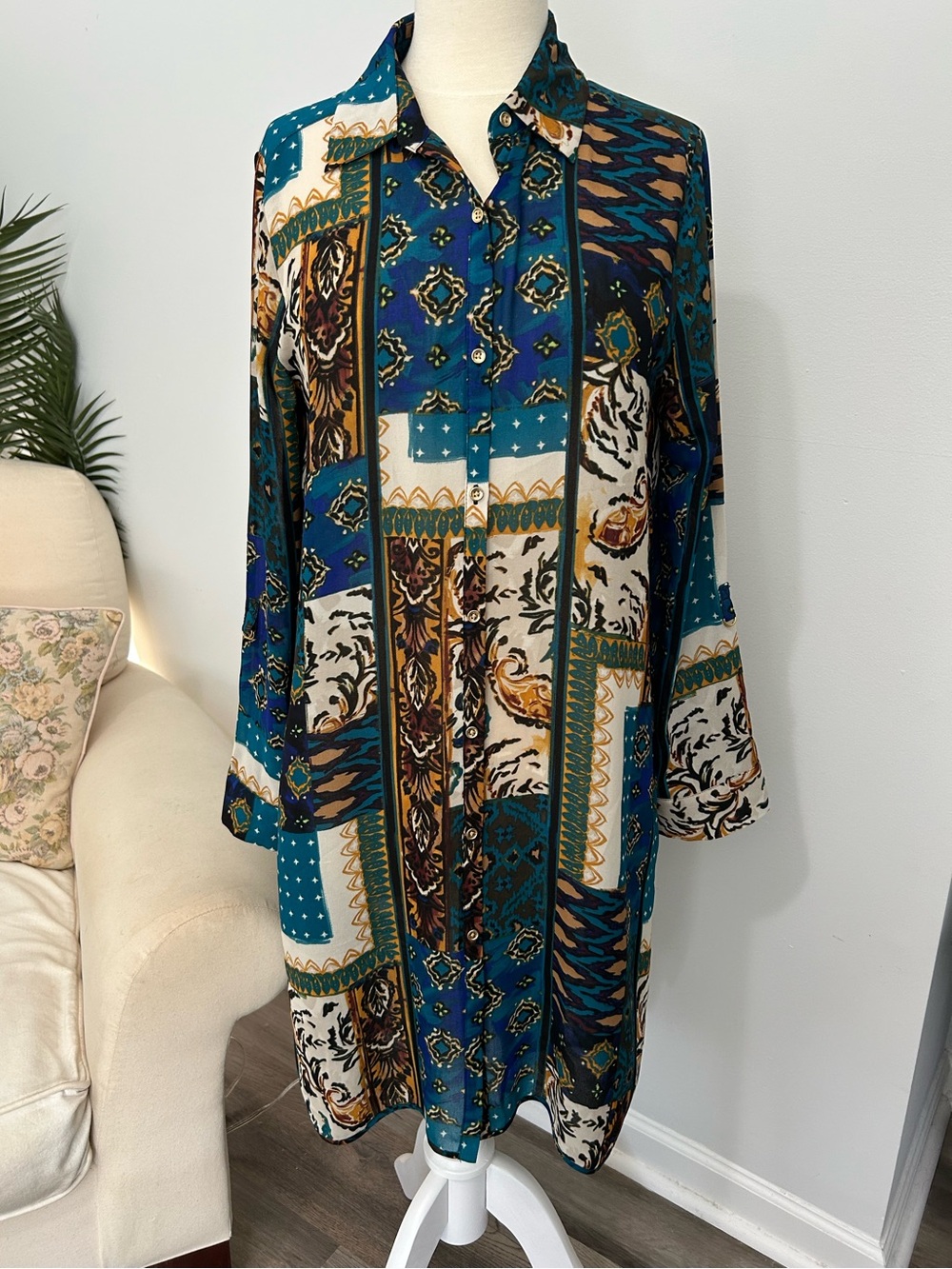 Rafaella M Long Button Front Tunic Shirt Patchwork Animal Scarf Print